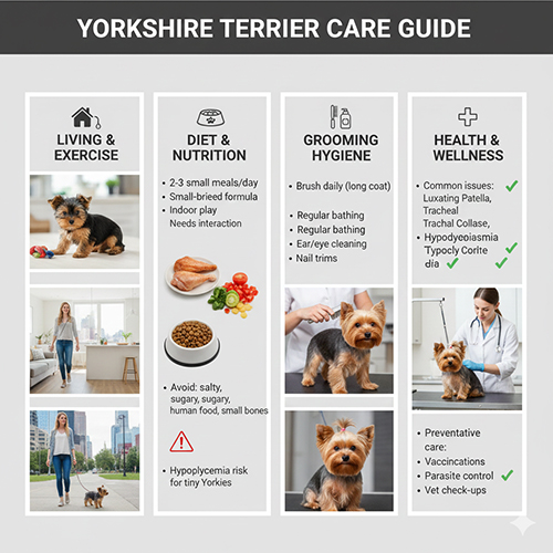 Ảnh minh họa hướng dẫn chăm sóc chó Yorkshire Terrier: môi trường sống, chế độ ăn, vệ sinh lông và sức khỏe.