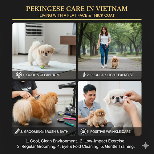 cách nuôi chó Bắc Kinh Pekingese ở Việt Nam với mặt tẹt và lông dày