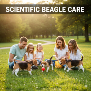 Gia đình chơi cùng chó Beagle ngoài trời, minh họa cách nuôi Beagle khoa học, vận động và giải trí hằng ngày