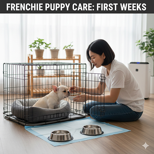 chó bull pháp con trong chuồng được chủ chăm sóc nhẹ nhàng trong những tuần đầu