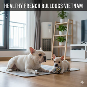 chó bull pháp trưởng thành và chó bull pháp con nằm trong phòng khách tại việt nam