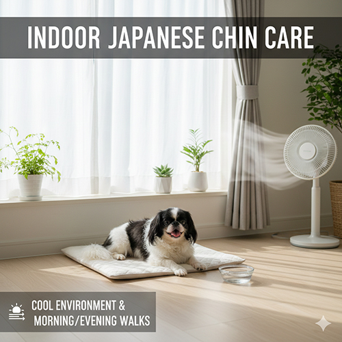 Chó Nhật Japanese Chin nằm nghỉ trong nhà thoáng mát, có quạt và ánh sáng tự nhiên