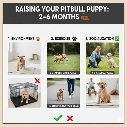 Hướng dẫn nuôi chó Pitbull con 2–6 tháng với môi trường sống, vận động và xã hội hóa