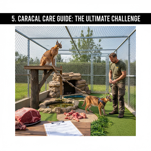 Mèo Caracal được nuôi trong chuồng trại rộng với không gian leo trèo và huấn luyện