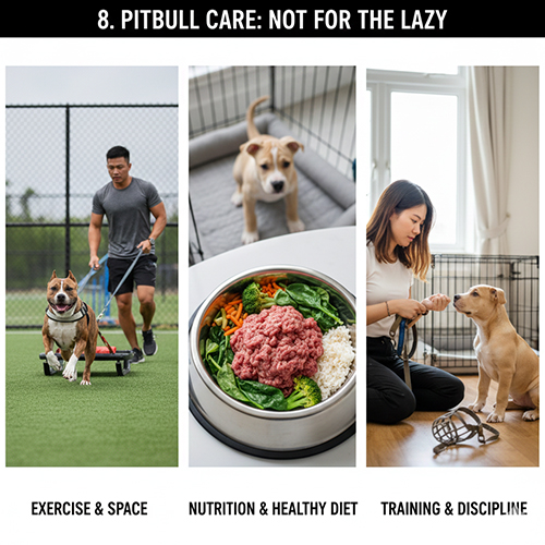 Hình tổng hợp Pitbull vận động, bữa ăn dinh dưỡng và huấn luyện trong nhà