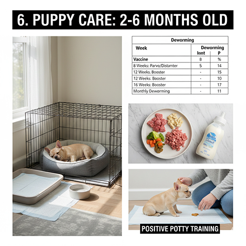 Hướng dẫn chăm sóc Bull Pháp con 2–6 tháng với chuồng ngủ, ăn uống và tập đi vệ sinh