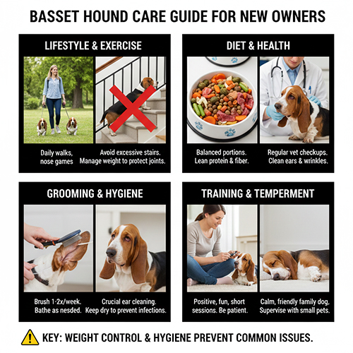 Ảnh infographic hướng dẫn chăm sóc chó Basset Hound cho người mới: vận động vừa đủ, kiểm soát cân nặng, ăn uống cân bằng, vệ sinh tai–da và huấn luyện tích cực