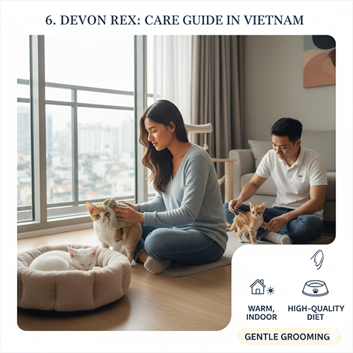 Cặp đôi đang chăm sóc, lau người và vệ sinh cho các bé mèo Devon Rex trong không gian phòng khách ấm áp