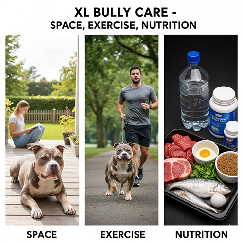 Bộ ảnh hướng dẫn chăm XL Bully gồm không gian sống, vận động chạy bộ và khẩu phần dinh dưỡng với thịt cá trứng nước