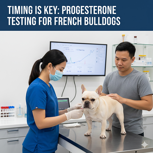 Bác sĩ thú y lấy mẫu xét nghiệm progesterone cho chó Bull Pháp cái để xác định thời điểm phối giống tối ưu.