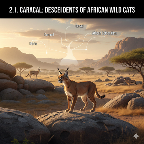 Mèo Caracal trong môi trường hoang dã châu Phi với sơ đồ phân nhánh tiến hóa các loài mèo