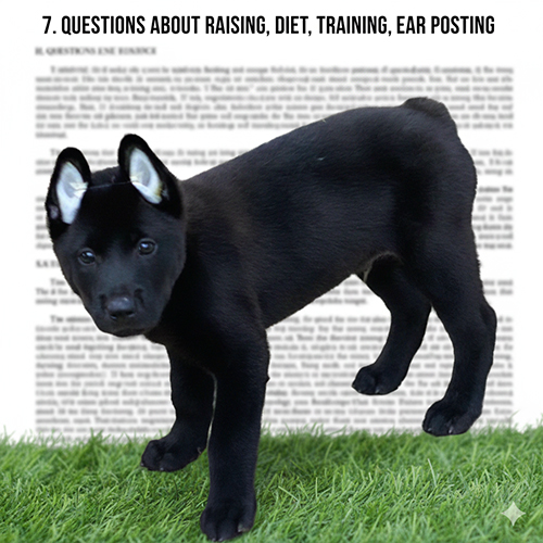 chó Mông Cộc con màu đen đứng trên thảm cỏ, dùng làm ảnh đại diện cho mục FAQ về cách nuôi, ăn gì, huấn luyện và dựng tai