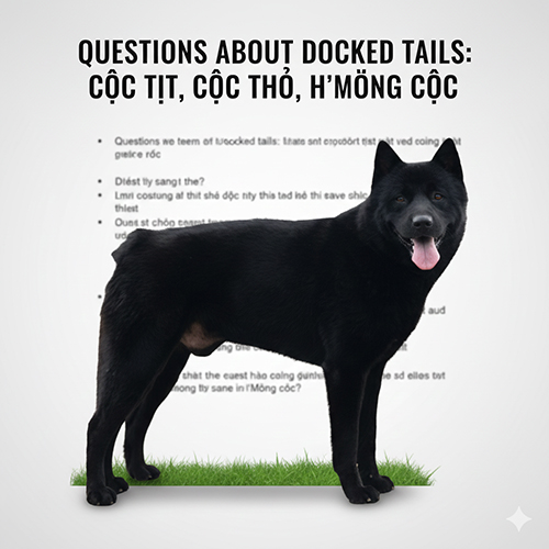 chó Mông Cộc màu đen đứng trên bãi cỏ, dùng làm ảnh đại diện cho mục câu hỏi về đuôi cộc như cộc tịt, cộc thỏ, cộc lửng
