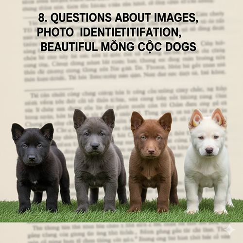 bốn chú chó Mông Cộc con nhiều màu đứng cạnh nhau, dùng làm ảnh đại diện cho mục FAQ về hình ảnh và nhận diện giống qua ảnh