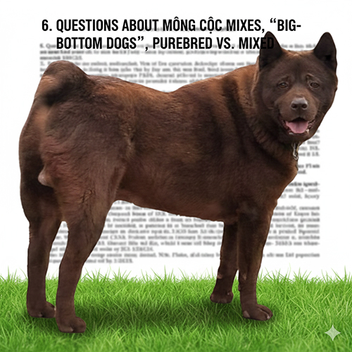 chó Mông Cộc màu nâu đậm đứng trên thảm cỏ, dùng làm ảnh đại diện cho mục FAQ về Mông Cộc lai và cách phân biệt thuần – lai