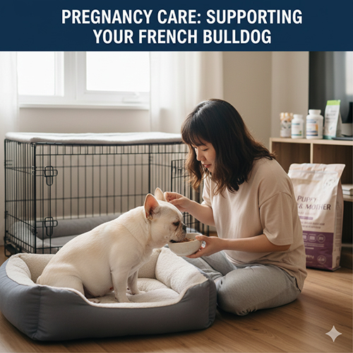 Chủ đang chăm một bé chó Bull Pháp mang thai, cho ăn tại giường nằm để bé thư giãn và giữ sức.