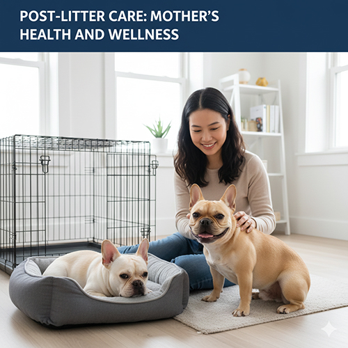 Chủ đang chăm sóc hai bé Bull Pháp cái sau sinh trong không gian yên tĩnh, giúp mẹ hồi phục và giữ tinh thần thoải mái.