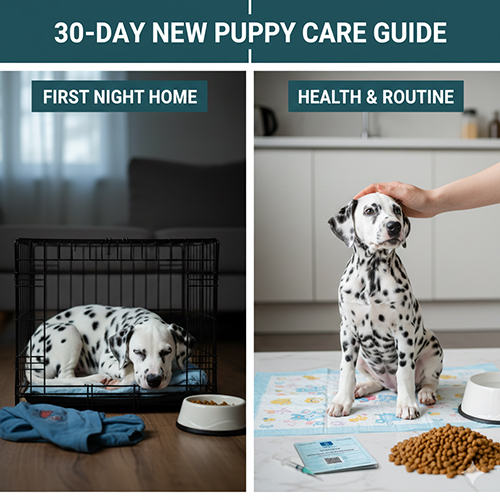 Chăm sóc chó Đốm con trong 30 ngày đầu gồm làm quen nhà mới và theo dõi sức khỏe