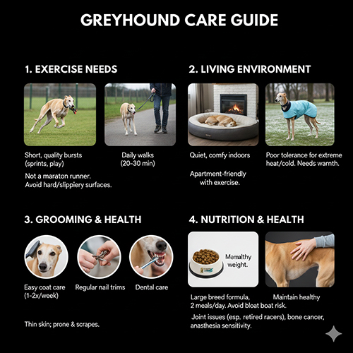 Hướng dẫn chăm sóc chó Greyhound về vận động, môi trường sống và dinh dưỡng