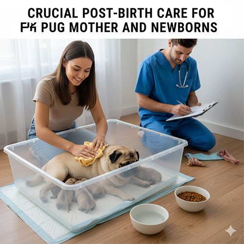 Chó Pug mẹ mới sinh đang được chăm sóc cùng đàn con sơ sinh trong những giờ đầu sau sinh