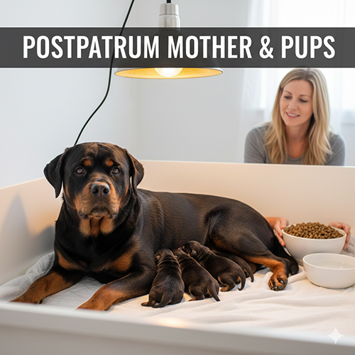 Chó Rottweiler cái nằm cho đàn con bú trong ổ đẻ sau sinh