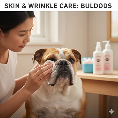 Chăm sóc da và mặt xệ cho chó Bulldog Anh bằng khăn lau và dung dịch dịu nhẹ