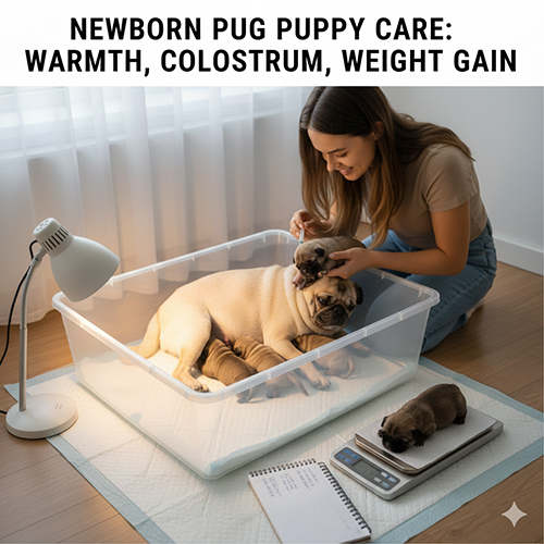 Chăm sóc đàn chó Pug con mới đẻ với ổ ấm, sữa non và theo dõi cân nặng từng bé