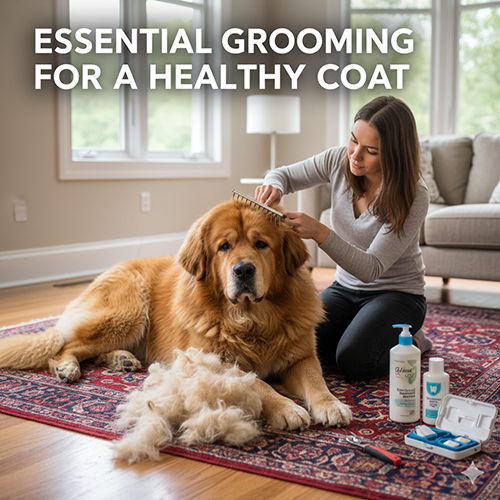 Hình ảnh chải lông cho chó Ngao Tây Tạng, minh hoạ chăm sóc lông dày và vệ sinh cơ bản