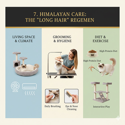 Chăm sóc mèo Himalaya lông dài trong nhà với chải lông, vệ sinh và môi trường mát mẻ