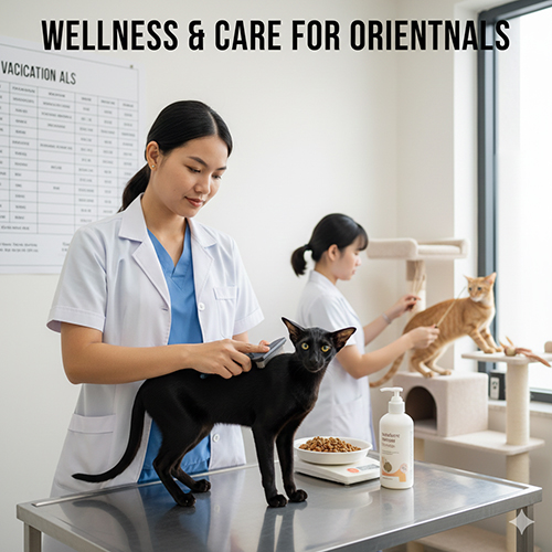 Bác sĩ thú y chăm sóc mèo Oriental lông ngắn trong phòng khám hiện đại