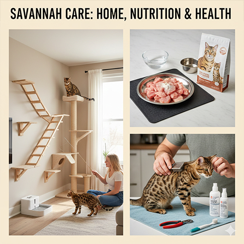 Chăm sóc mèo Savannah với không gian leo trèo, chế độ ăn giàu đạm và kiểm tra sức khỏe