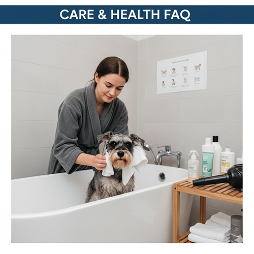 Chăm sóc và vệ sinh chó ông già Schnauzer gồm tắm rửa, lau râu và giữ sức khỏe