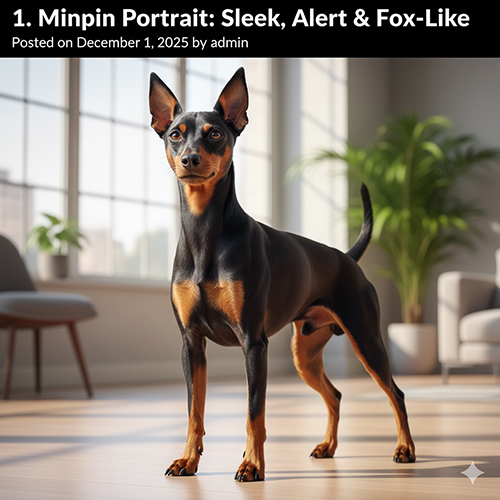 Chân dung chó Phốc hươu Minpin dáng đứng thẳng, tai dựng, thân thon săn chắc