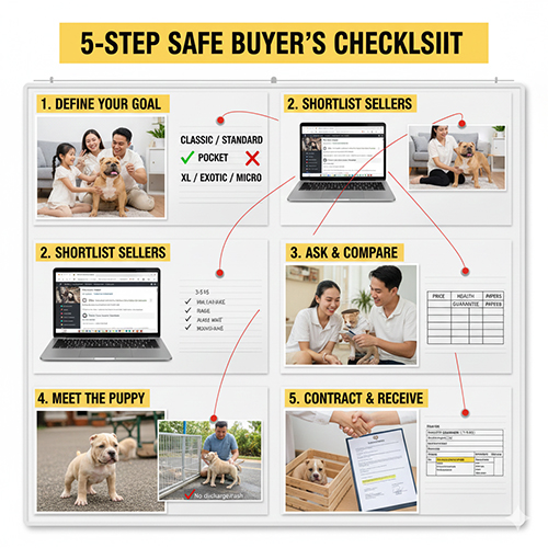 Checklist 5 bước mua chó Bully an toàn gồm xác định mục tiêu, chọn nơi bán, hỏi thông tin, xem chó và ký hợp đồng