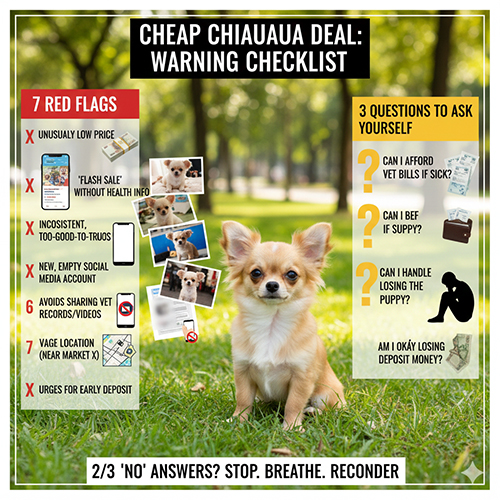 checklist cảnh giác khi mua chó Chihuahua giá rẻ, gồm 7 dấu hiệu cảnh báo và 3 câu hỏi tự đánh giá trước khi chuyển cọc