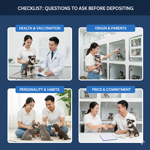 Bốn nhóm câu hỏi cần hỏi người bán Schnauzer: sức khỏe, nguồn gốc bố mẹ, tính cách và cam kết giá.