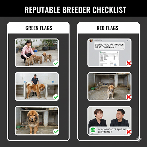 Checklist chọn nơi mua bán chó Ngao Tây Tạng uy tín với dấu hiệu xanh và đỏ