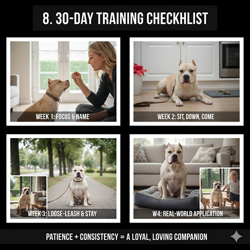 Checklist huấn luyện chó Bully 30 ngày với các bài tập theo từng tuần từ cơ bản đến ứng dụng thực tế