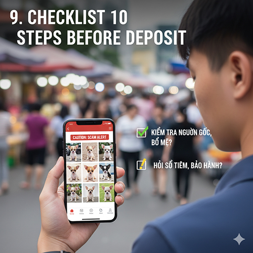 Ảnh người đàn ông kiểm tra danh sách cảnh báo lừa đảo khi mua Chihuahua trên điện thoại.