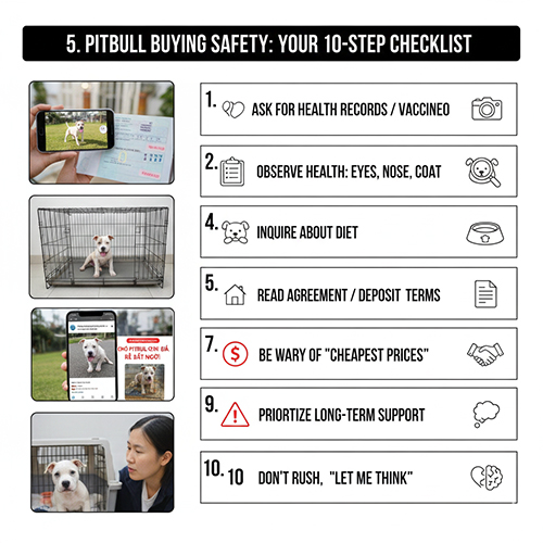 Bộ ảnh checklist 10 bước an toàn khi mua chó Pitbull, gồm kiểm tra sức khỏe, sổ tiêm, môi trường nuôi và lưu ý về giá rẻ.