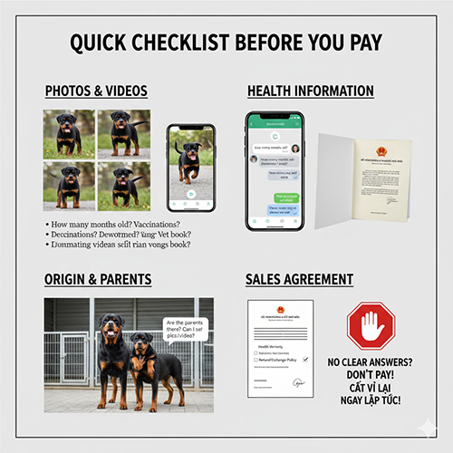 Checklist cần kiểm tra trước khi chuyển tiền mua chó Rottweiler giá rẻ để tránh rủi ro và lừa đảo