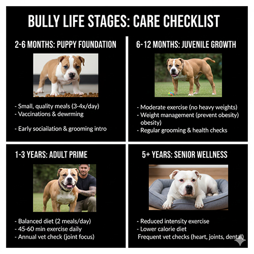 Checklist cách nuôi chó Bully theo từng giai đoạn từ chó con đến trưởng thành và lớn tuổi