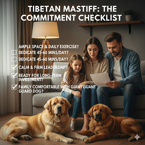 Hình ảnh gia đình và chó Ngao Tây Tạng trong không gian sống, minh hoạ checklist trước khi nuôi