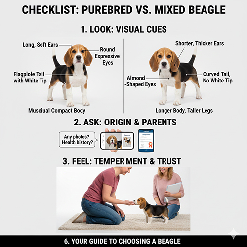 Checklist trực quan giúp phân biệt chó Beagle thuần chủng và Beagle lai khi đi xem chó dựa trên ngoại hình, nguồn gốc và tính cách