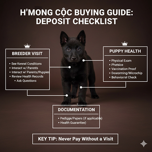 Infographic checklist kiểm tra trước khi đặt cọc mua chó Mông Cộc, gồm sức khỏe, giấy tờ và xem trại