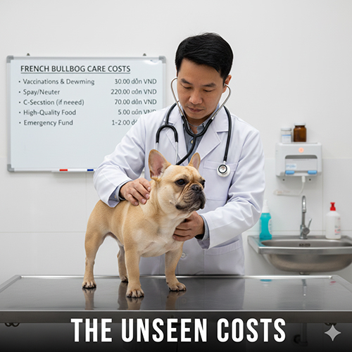 bác sĩ thú y khám chó bull pháp và bảng chi phí chăm sóc phía sau