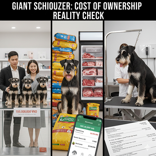 Chi phí thực tế khi nuôi Giant Schnauzer tại Việt Nam gồm tiền mua chó, thức ăn, thú y và grooming