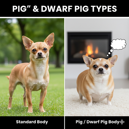 Hình ảnh so sánh Chihuahua dáng tiêu chuẩn và Chihuahua dáng heo lùn thân tròn