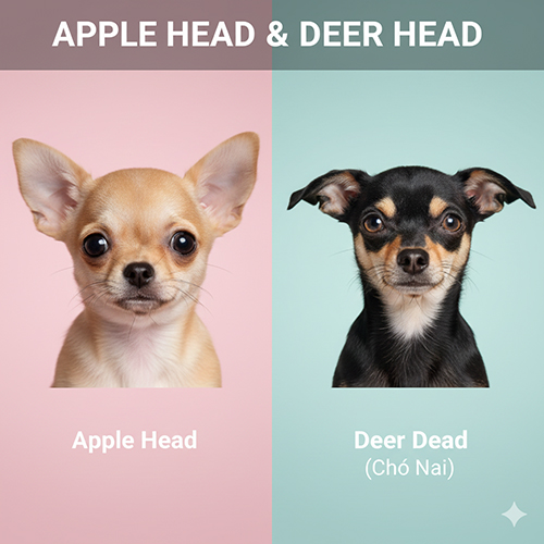 Hình ảnh so sánh Chihuahua đầu táo và Chihuahua đầu nai trong bố cục hai nửa màu