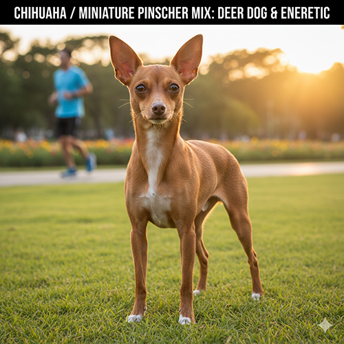 Chihuahua lai Phốc Hươu đứng trên bãi cỏ với dáng cao, chân dài và tai dựng – ngoại hình thanh thoát đúng kiểu “chó nai”.